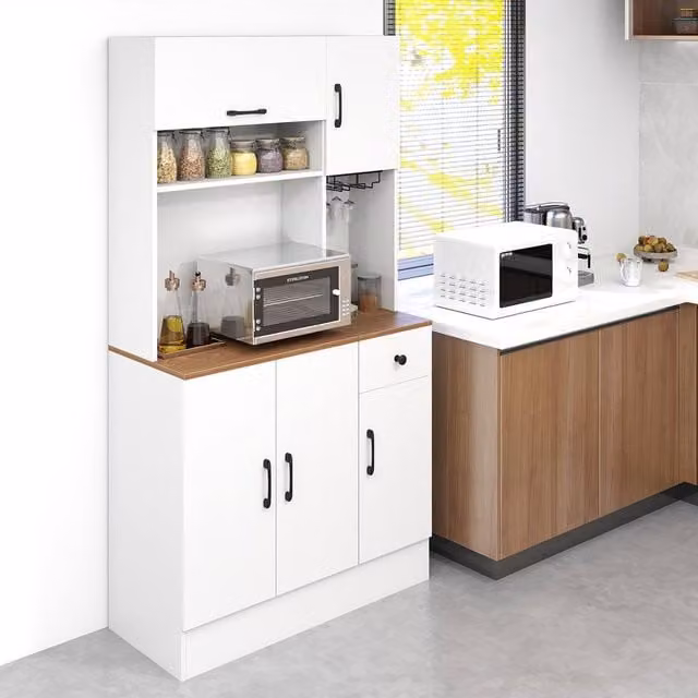 Costway White Wooden Tall Pantry Cabinet with Hutch and Glass Kitchen Buffet Cupboard – 1