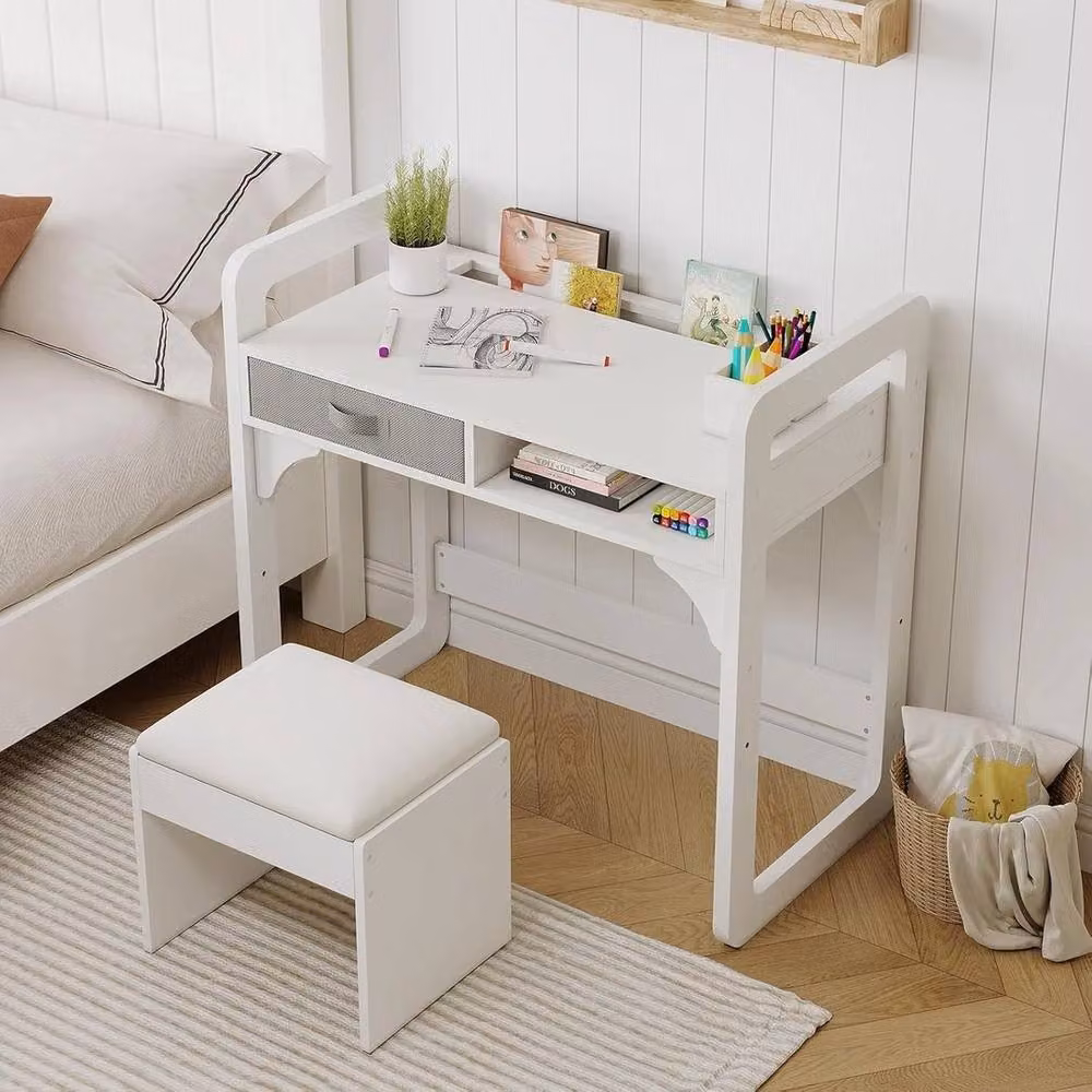VOGREX Modern White Wooden Desk and Chair Set with Height-Adjustable Writing Table – 2