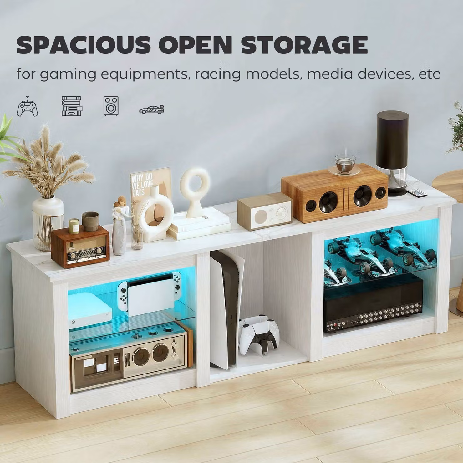 HOMCOM Modern White TV Stand with LED Lights and Storage, W: 160.0 cm, H: 51.7 cm, D: 21.5 cm – 4