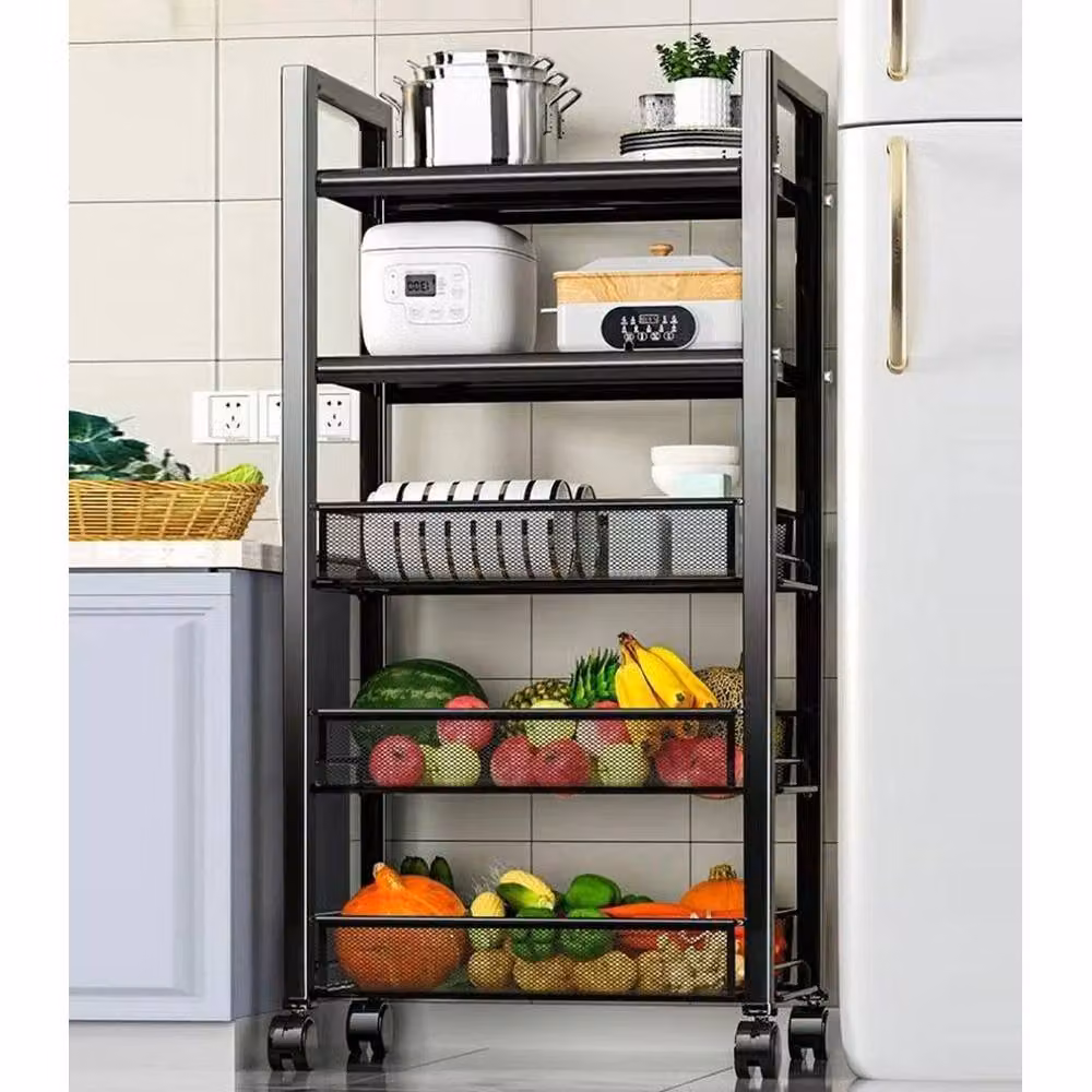 PAWNORA 5 Tier Kitchen Trolley Storage Cart with Wheels and Hooks in Black – 5