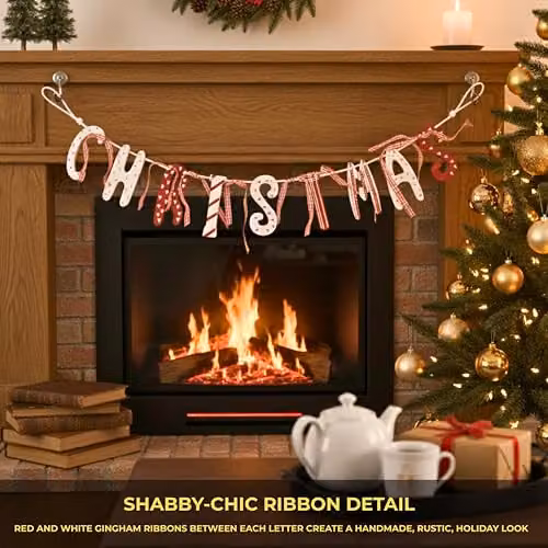 Shatchi Vintage Country Style Tartan and Cream Wooden Christmas Garland Banner with Red and White Checked Pennants – 4