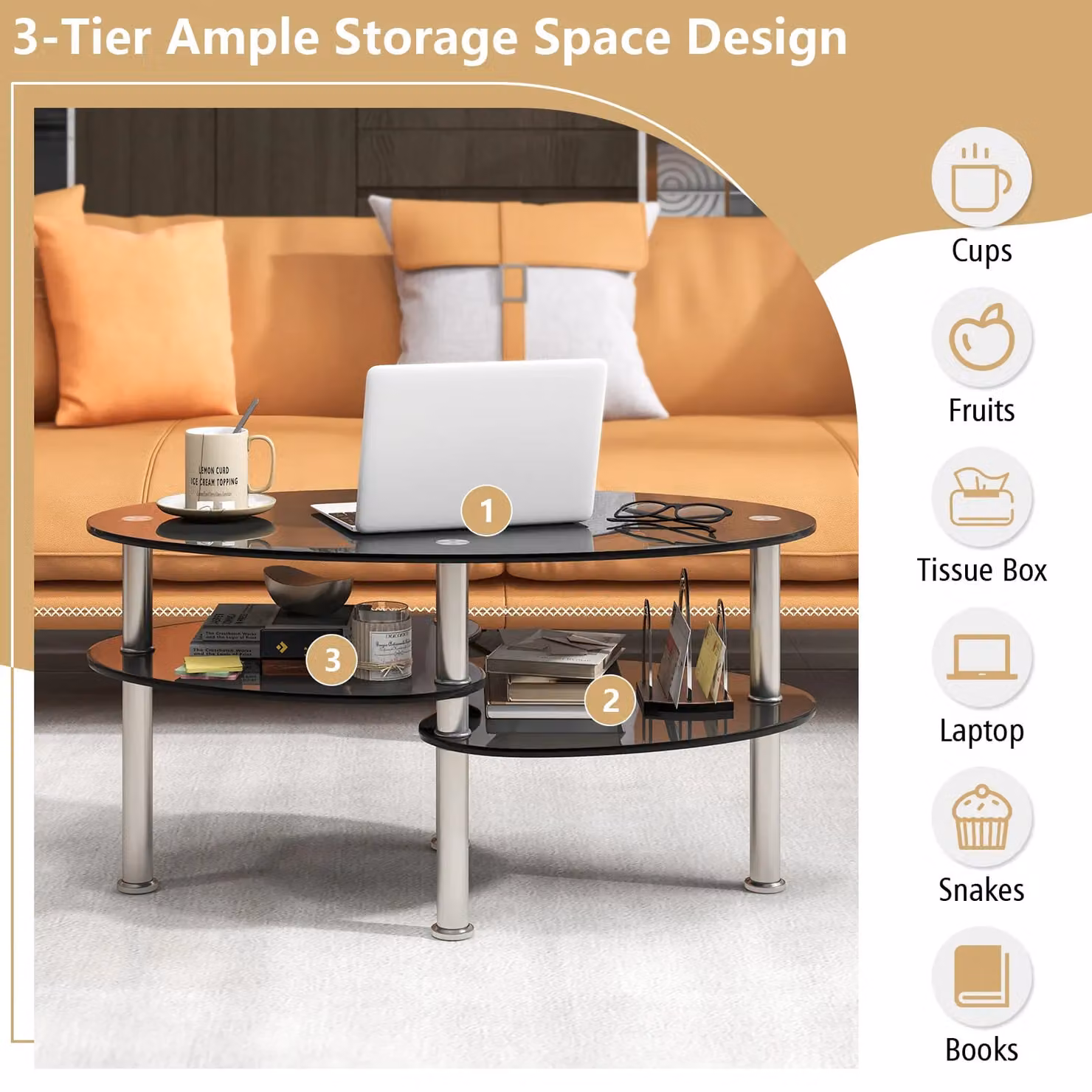 Costway Modern Oval 3-Tier Glass Coffee Table and Side Table in Black – 4