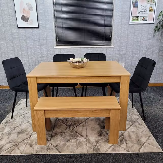 KOSY KOALA 6 Seater Modern Dining Table Set with 4 Black Velvet Chairs and Bench in Brown and Black