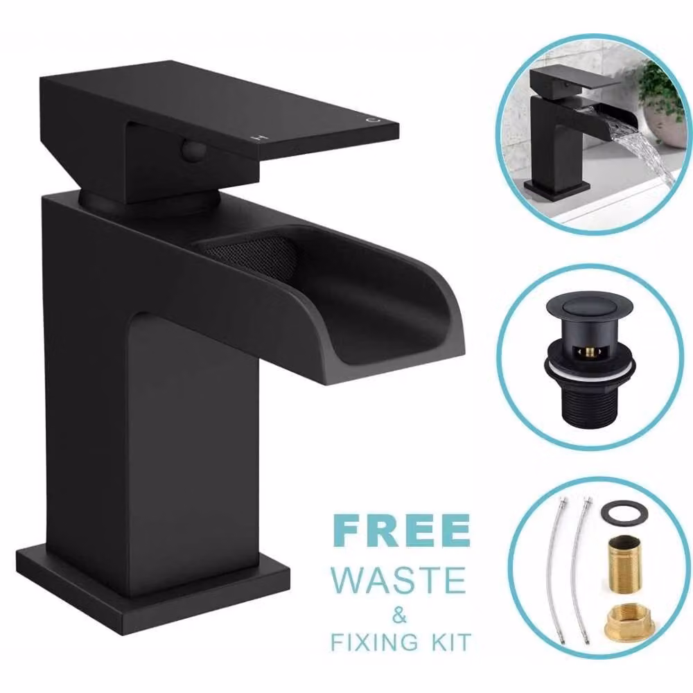 Nordara Matt Black Square Waterfall Basin Mixer Tap with Pop-up Waste – 4