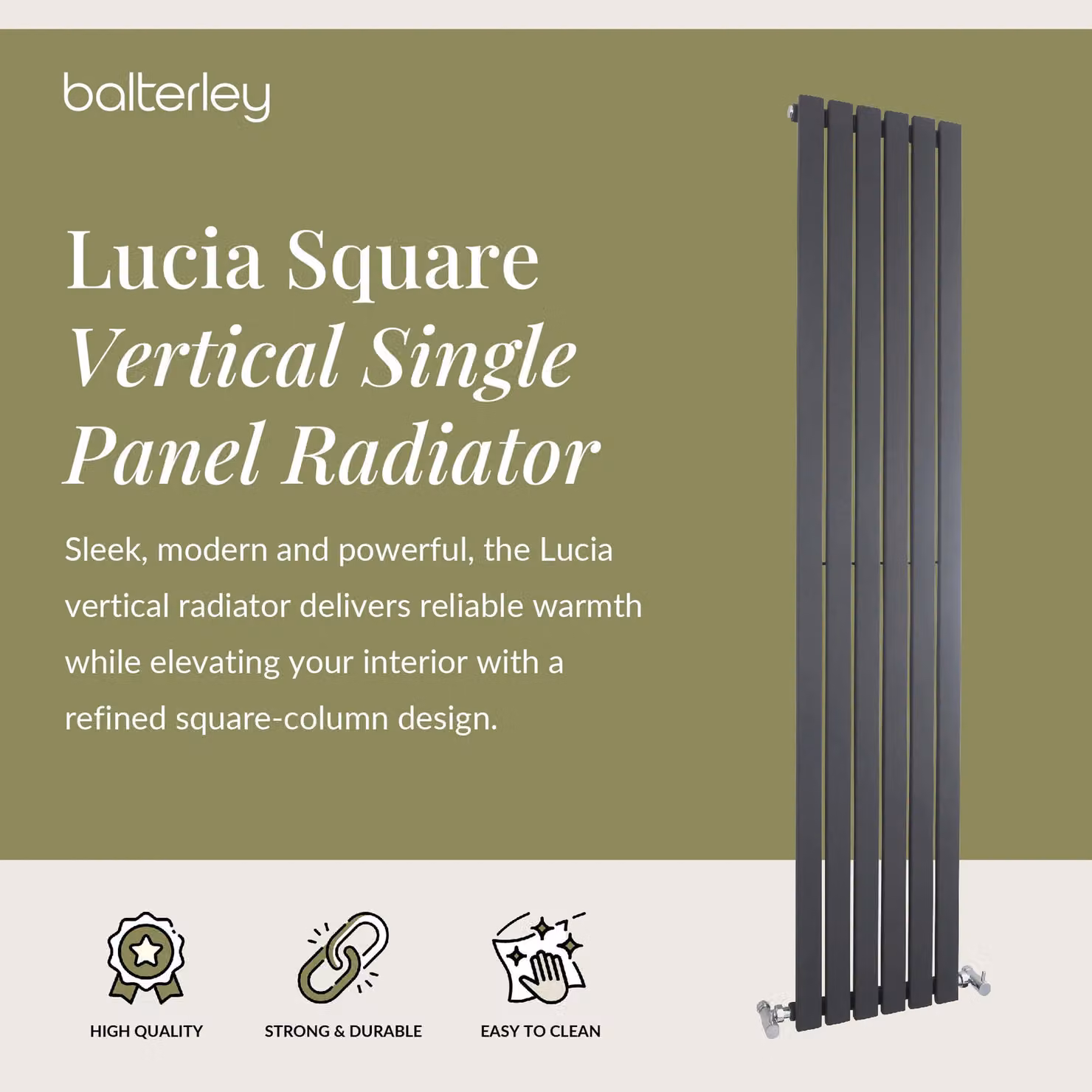 Balterley Lucia Square Vertical Single Panel Radiator, Anthracite Grey, H: 180.0 cm, W: 35.4 cm – 2