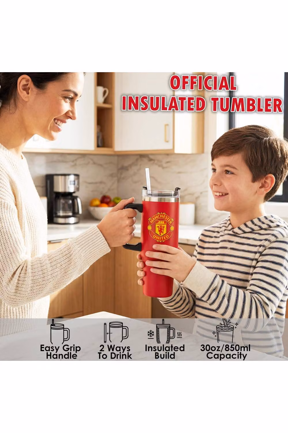 Get Trend Manchester United Insulated Stainless Steel Tumbler with Straw and Handle, Red, 850ml – 7