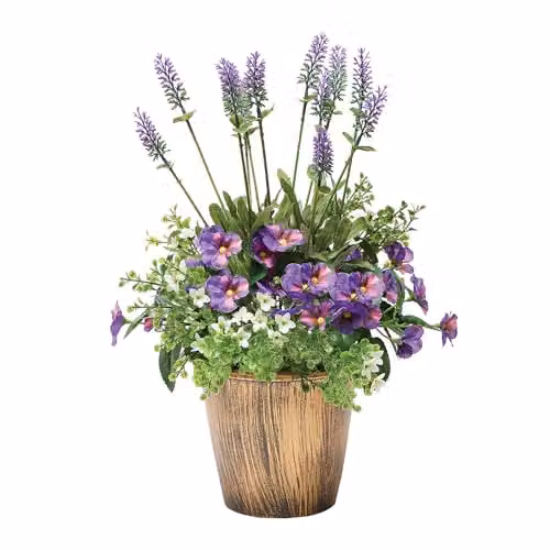 Gainsborough Mixed Artificial Lavender and Pansy Plant in Bronze Pot, Green, Purple and Bronze, H: 44 cm, W: 30 cm, D: 30 cm – 1
