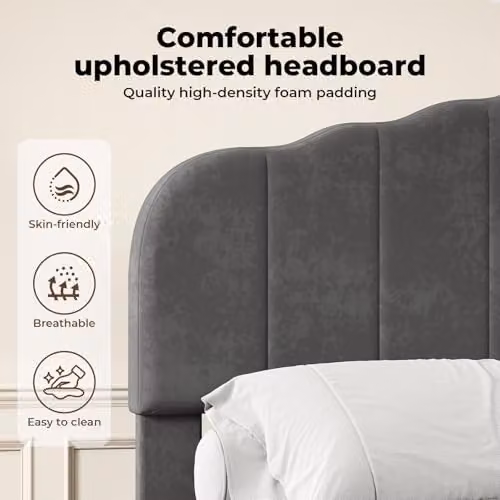Levede Modern Upholstered Small Double Bed Frame in Grey Fabric, W/D/H: 120 x 190 x 25.5 cm – 7