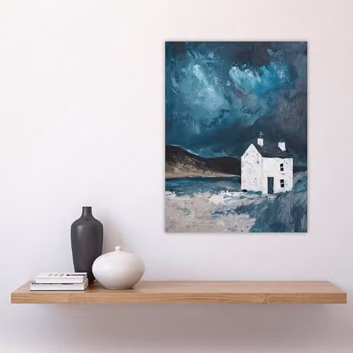 Artery8 Scottish Coastal Cottage Night Oil Painting Landscape Wall Art Poster Print on Thick Paper, Blue, 18 x 24 Inch – 4