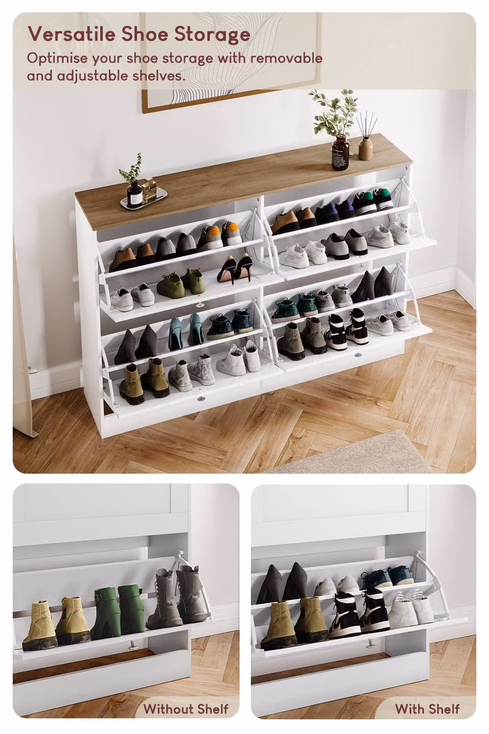 Vida Designs Modern White 4 Drawer Flip Down Shoe Cabinet with LED Lighting – 3