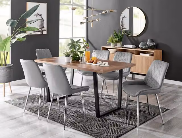 FurnitureboxUK Kylo Brown Wood Effect Rectangular Dining Table and 6 Grey Pesaro Velvet Chairs with Silver Legs – 1