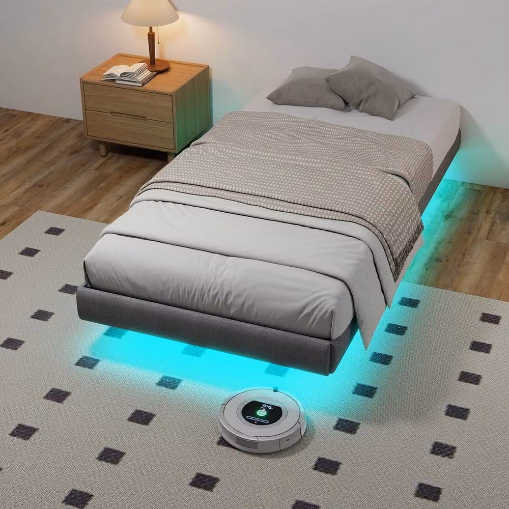 KORVIXA 3FT Single LED Floating Platform Bed in Grey with Under-Bed Lighting and Upholstered Metal Frame, W/D/H: 90 x 190 cm – 3