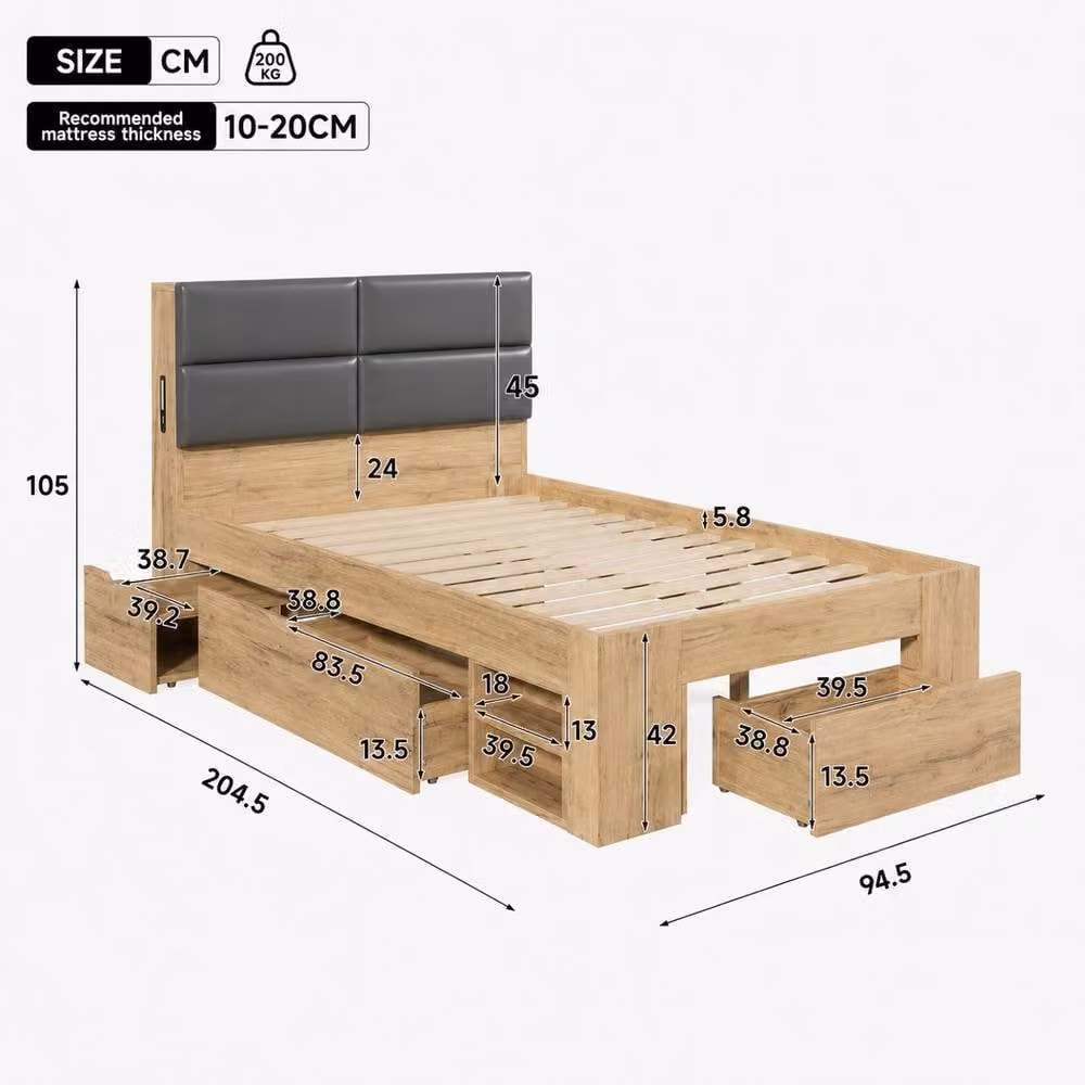 Rolipo Modern Oak Bed with Drawers, Integrated Reading Light and Under-bed Lighting, Brown, W/D/H: 90 x 190 cm – 3