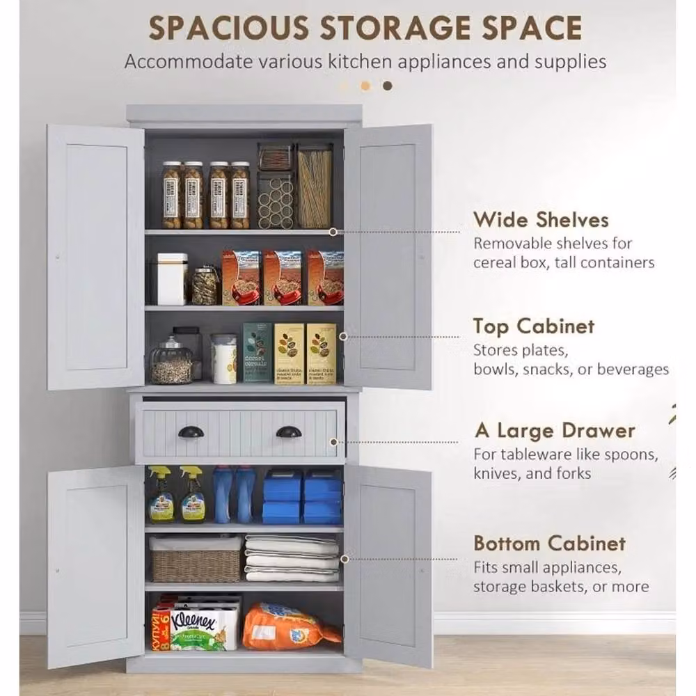 FORGEVIO Tall Kitchen Storage Cupboard Cabinet in Grey with Hinged Doors and Internal Shelves – 4