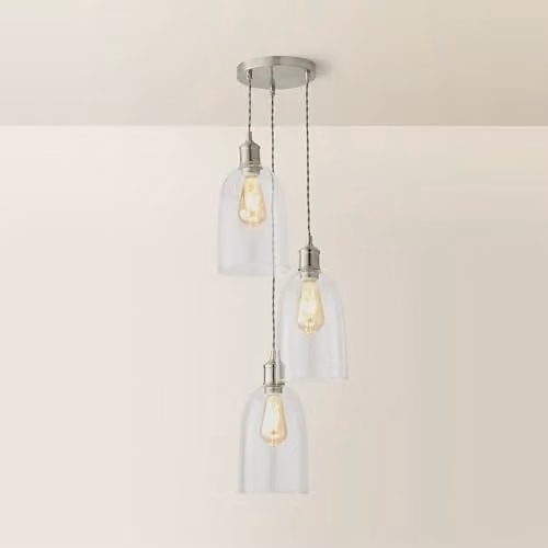 ValueLights Kira 3 Drop Cluster Glass Cloche Dome Ceiling Pendant Light in Brushed Chrome and Transparent Glass