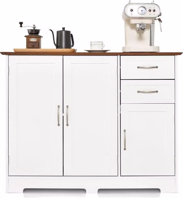Costway Modern Kitchen Buffet Cabinet with Adjustable Internal Shelves and Hinged Doors, White/Multicolour – 1