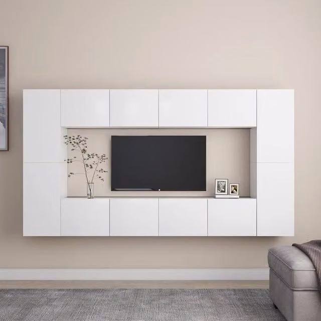 Berkfield Home 8 Piece Modern White Glossy Wall Mounted TV Cabinet Set in Engineered Wood