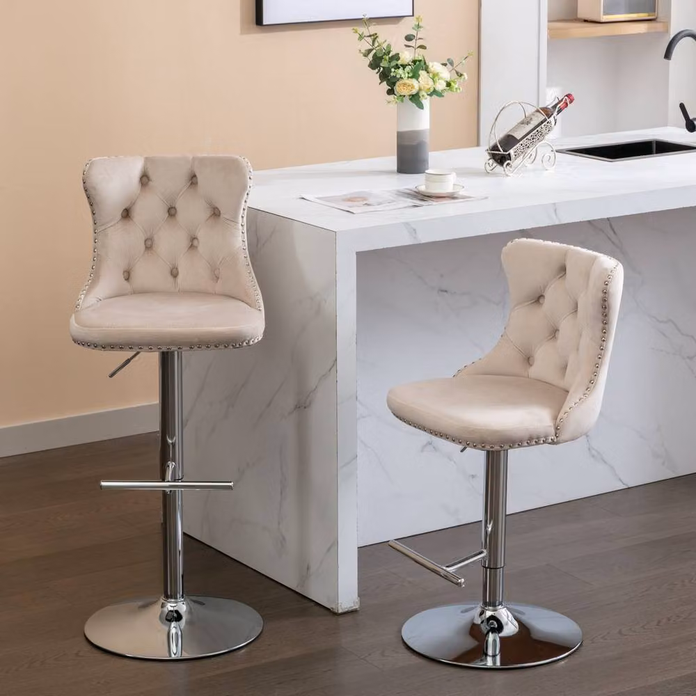 Modern Home Touch Winchester Luxury Velvet Upholstered Kitchen Dining Chairs with Pull Knocker Back and Oak Wood Legs, Beige and Brown, Pack of 4 – 2