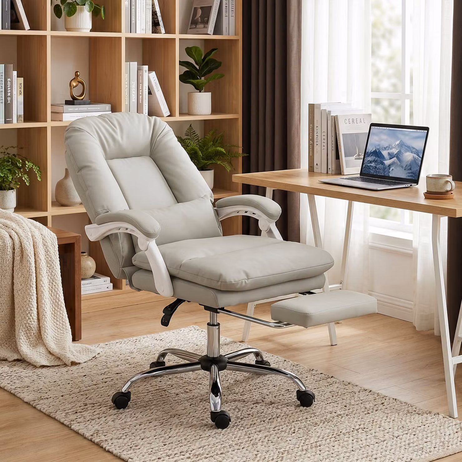 HOMCOM Ergonomic Executive Office Chair in Beige Velvet with Headrest, Lumbar Support and Footrest – 2