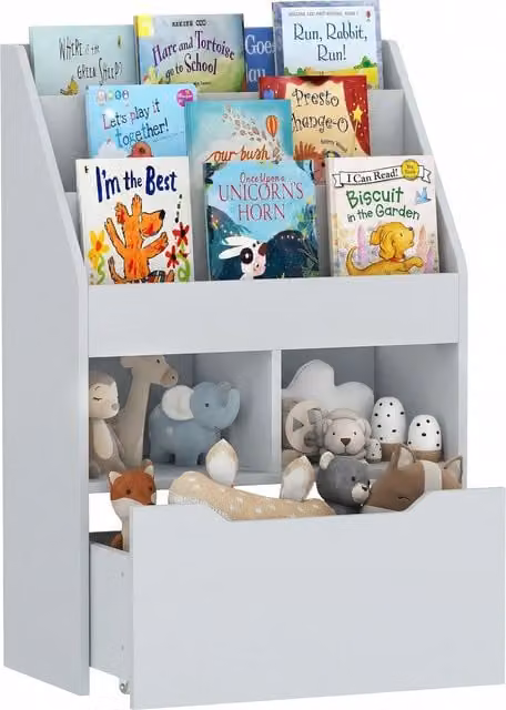 HOMCOM Kids Bookshelf with Storage Drawer and Wheels, Grey Toy Organiser for Children's Bedroom or Playroom