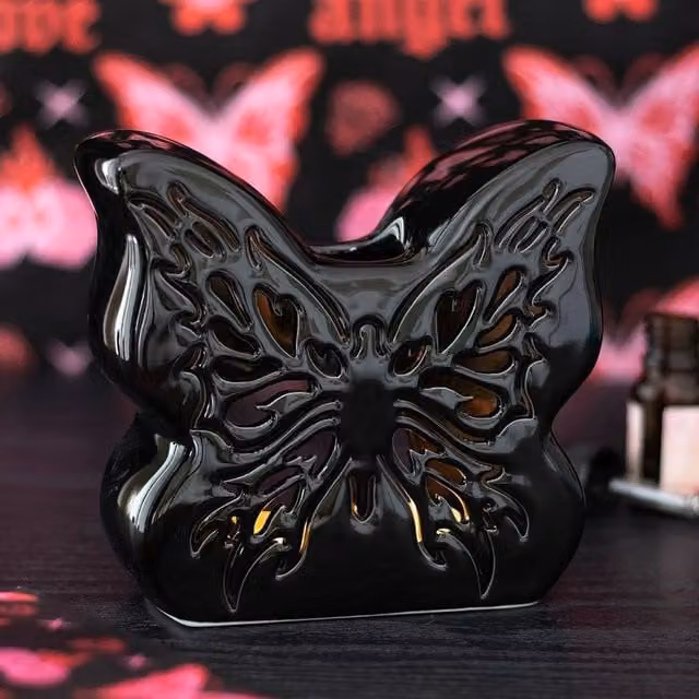 Uniqueful Black Ceramic Cut Out Butterfly Tealight Oil Burner