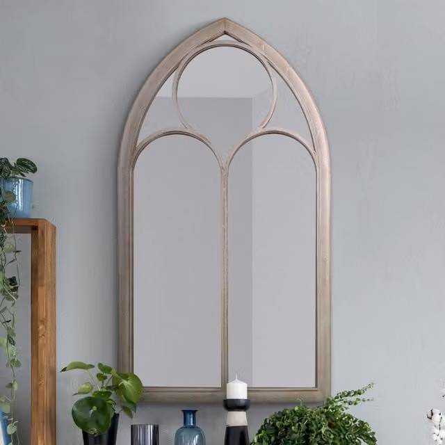 MirrorOutlet The Somerley Extra Large Rustic Metal Chapel Arched Wall Mirror in Stone and Grey