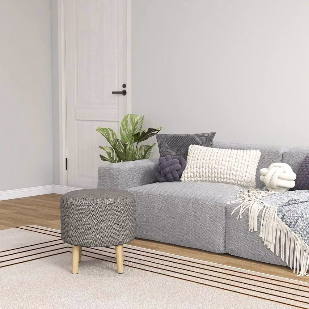KORVIXA Grey Fabric Round Storage Ottoman Stool with Oak Wood Frame, Diameter: 100 cm – 4