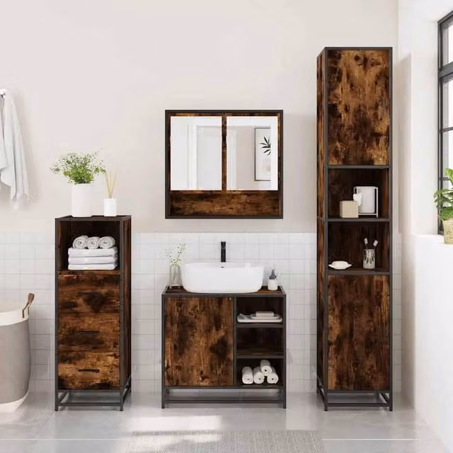 Berkfield Home 3 Piece Industrial Bathroom Furniture Set in Smoked Oak Brown featuring Mirror Cabinet, Vanity Unit and Tall Cabinet – 1