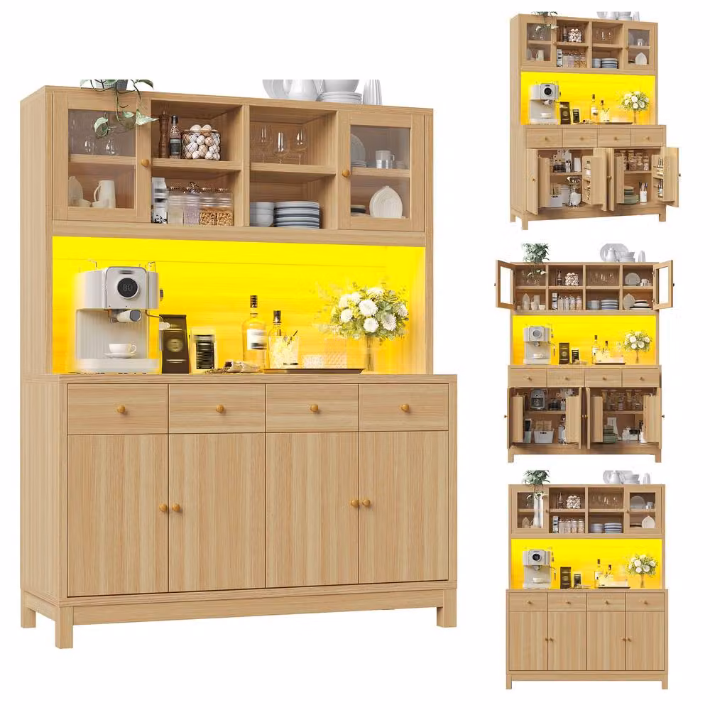 Merax Natural Oak Effect Kitchen Dresser with Glass Doors and Integrated LED Lighting, Brown, H: 180 cm x W: 140 cm x D: 38.5 cm – 4