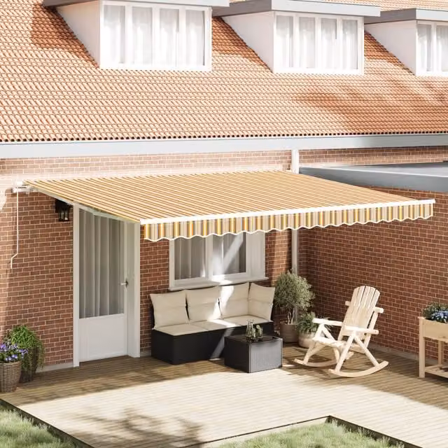 Berkfield Home Manual Retractable Wall-Mounted Awning with Yellow Multicolour Striped Acrylic Fabric, W: 450 cm, D: 300 cm