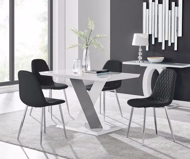 Furniturebox Monza White High Gloss Rectangular Dining Table with 4 Black Faux Leather Corona Silver Chairs
