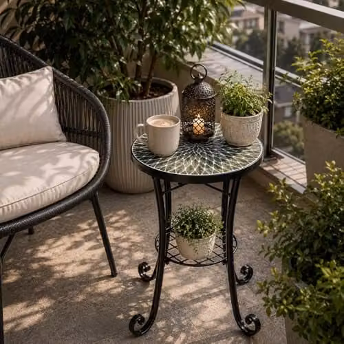 SHATCHI Multicolour Mosaic Round Side Table and Plant Stand with Ceramic Tile Top and Metal Shelf, Diameter: 35 cm – 2