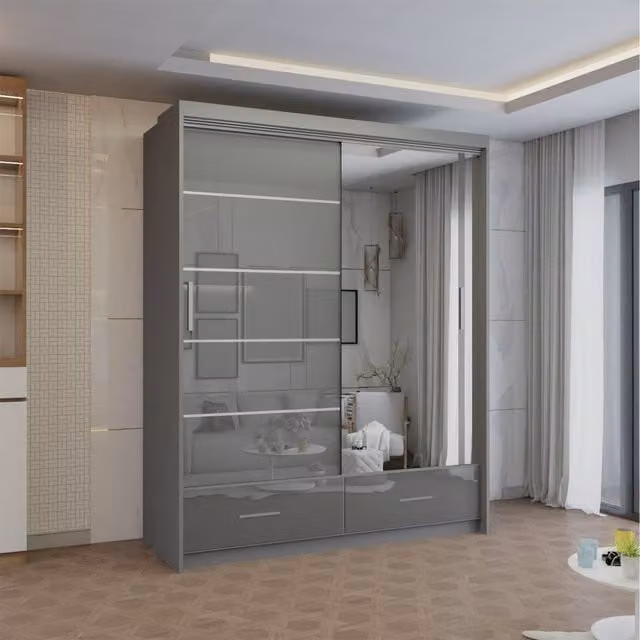 Sliding Wardrobes 4 u Kyoto Modern High Gloss Grey Sliding Door Wardrobe with Integrated Drawers, Width: 150 cm
