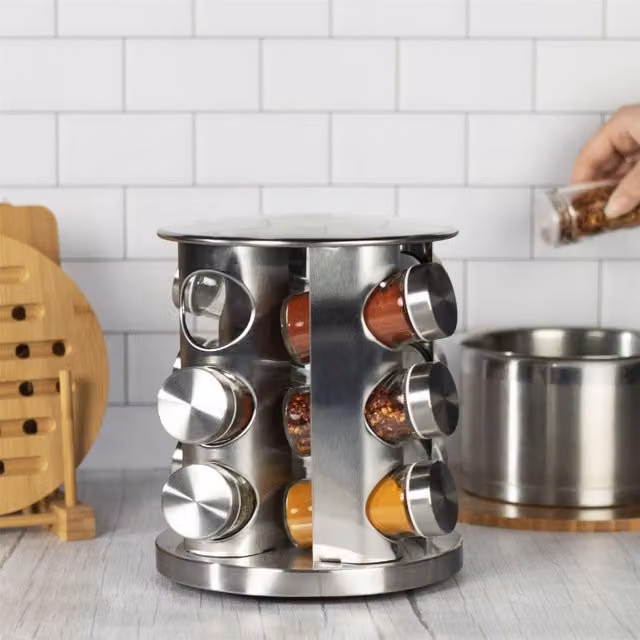 Maison & White Rotating Spice Rack with 12 Glass Jars, Silver