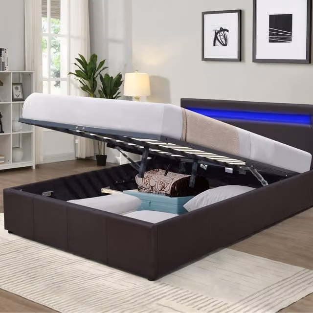 Comfy Living Modern Faux Leather Gas Lift Ottoman Bed Frame with LED Under-bed Lighting, Brown, W/D: 180 x 200 cm