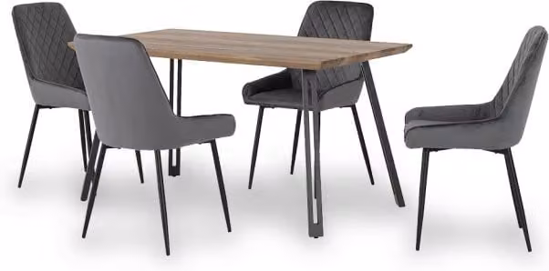 Seconique Quebec Oak Effect Rectangular Dining Table and 4 Avery Grey Velvet Chairs