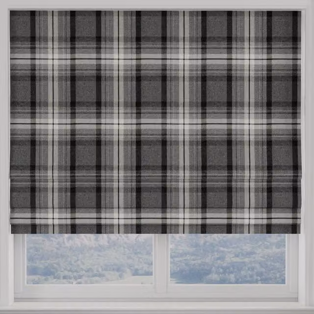 Terrys Highland Check Made to Measure Blackout Roman Blind in Charcoal Grey and Black