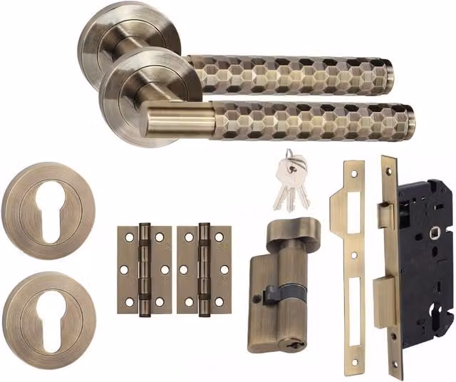 Golden Grace Knurled Hex Cut T-Bar Euro Lock Door Handle Set with Thumbturn Key in Brass and Gold