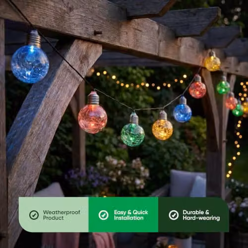 Gardenwize 10 Piece Solar Powered Multi-coloured LED Crackle Glass Sphere String Lights – 7