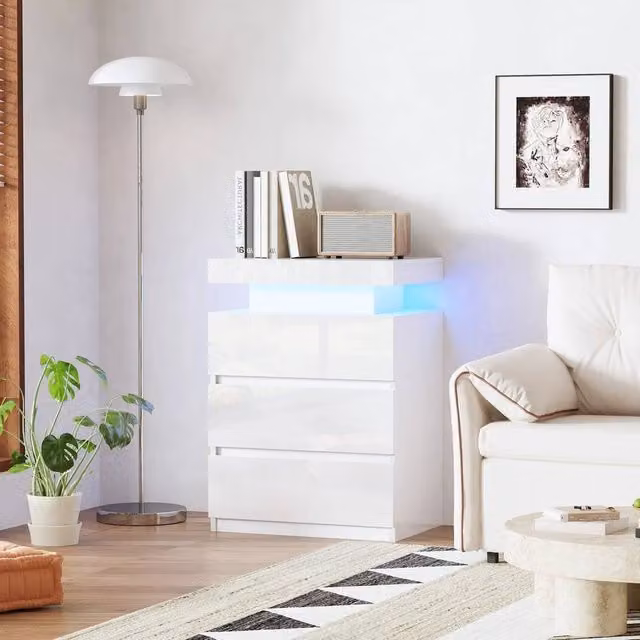 FORGEVIO 3 Drawer Bedside Table Cabinet in Glossy White with Integrated Lighting