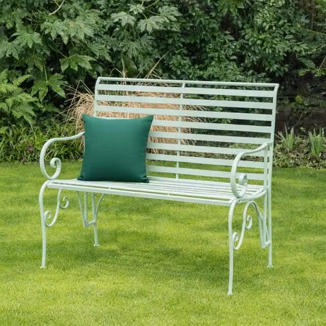 Melody Maison Sage Green Metal Ornate Distressed Garden Bench W: 100 cm, H: 92 cm, D: 92 cm – 1