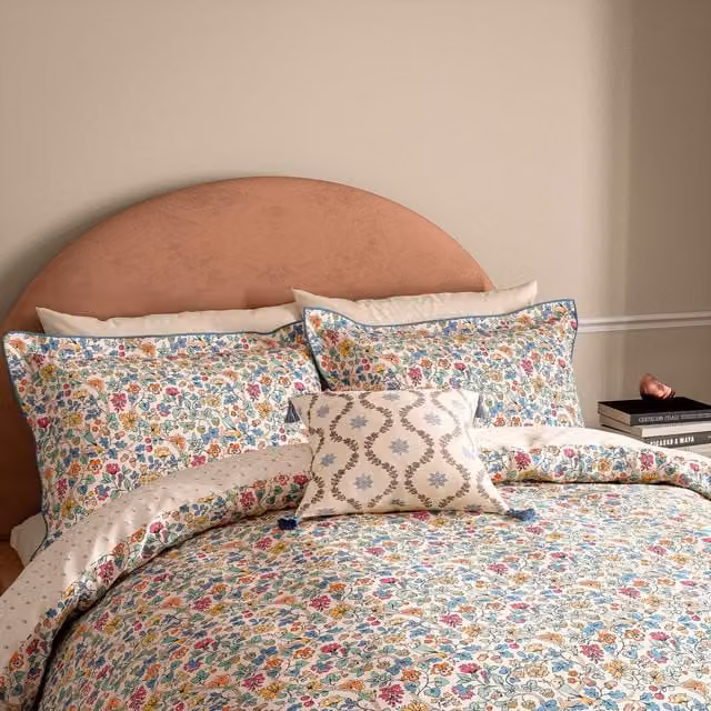 V&A Bountiful Garden Floral Cotton Duvet Cover and Pillowcase Set, Blue/Multicolour, W: 180 cm, H: 200 cm