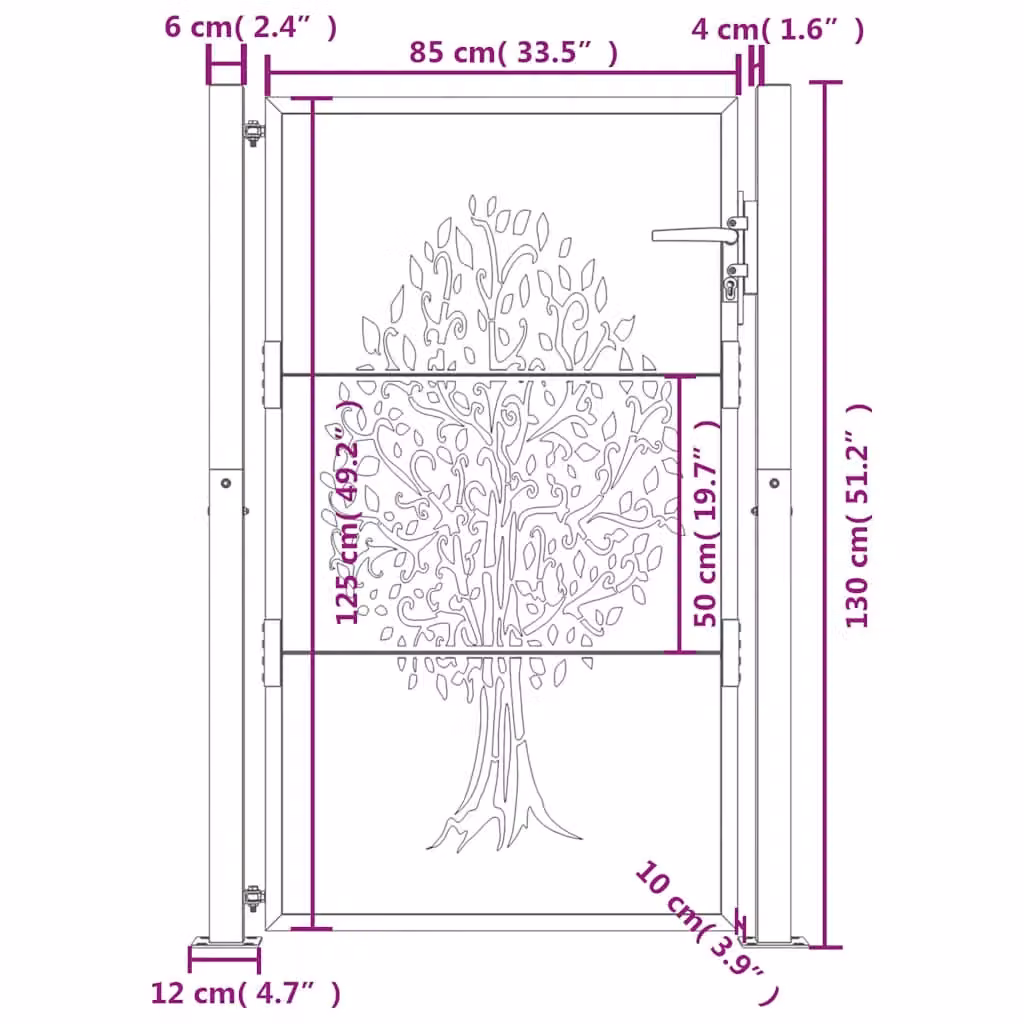 Berkfield Home Corten Steel Garden Gate with Tree Design in Brown, W: 105 cm, H: 130 cm – 5