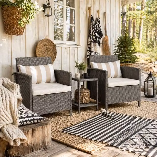 Wyld Haus Reha 3 Piece Grey Rattan Bistro Set with 2 Tier Glass Table and Light Grey Striped Cushions – 1