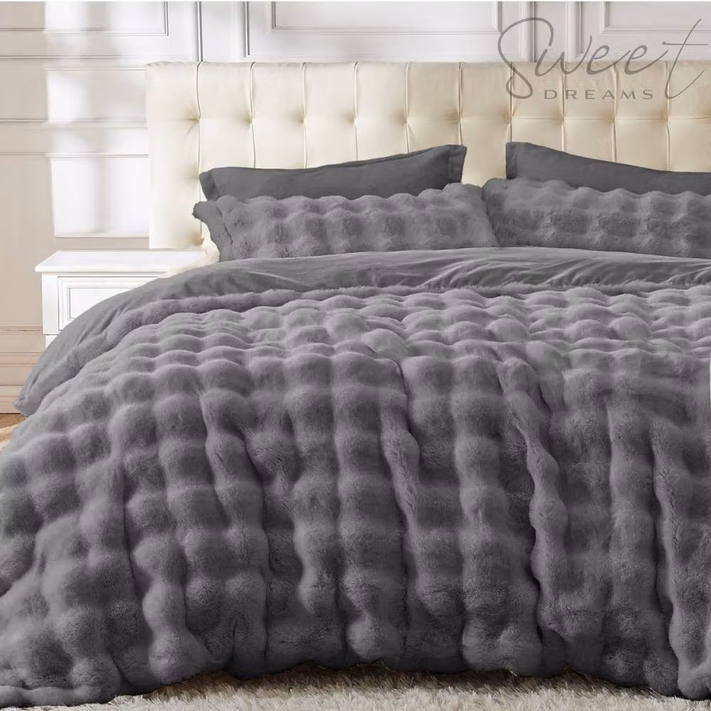 Sweet Dreams Bubble Faux Fur Duvet Cover and Pillowcase Set in Grey, Double (Duvet Cover: 200 x 220 cm, Pillowcase: 140 x 200 cm) – 2