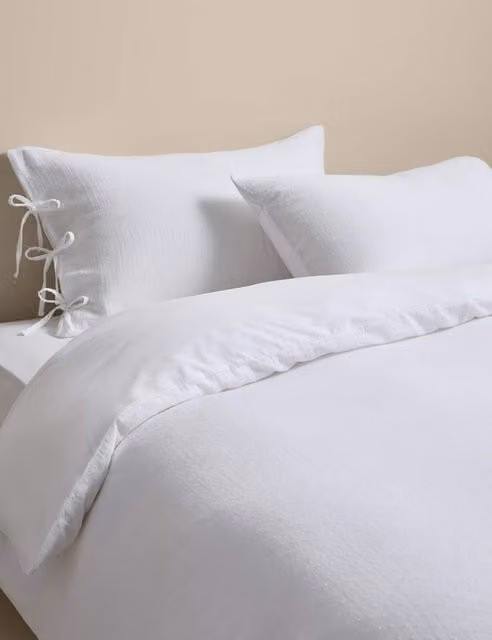 M&S White Pure Cotton Muslin Dobby Jacquard Bedding Set, W: 200 cm