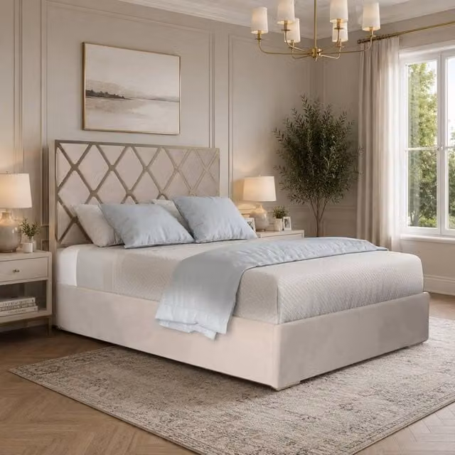 KDMD Trentham Upholstered Velvet Designer Bed Frame in Beige with Metal Details, Size: King (180 x 200 cm)
