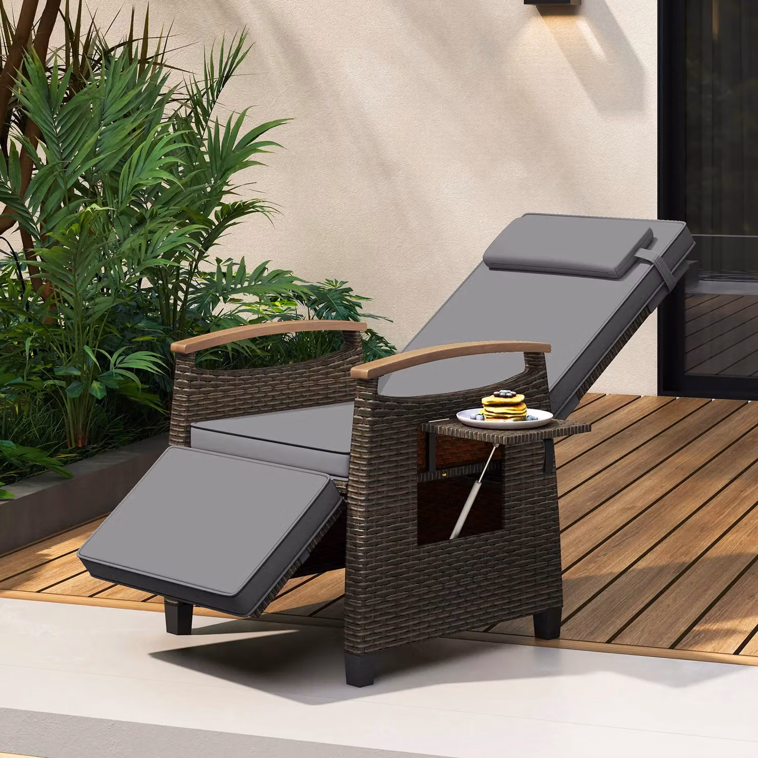 Gymax Grey Rattan Patio Recliner Chair with Acacia Wood Frame – 4