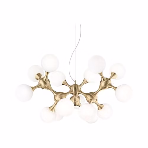 Ideal Lux NODI Multi Arm Ceiling Pendant Lamp with 15 Transparent Glass Spheres in Brass Satin and E14 Base