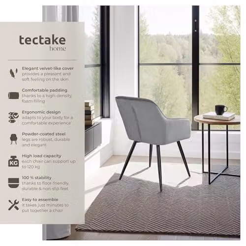 tectake Set of 4 Marilyn Dining Chairs in Grey Velvet with Black Metal Legs – 4